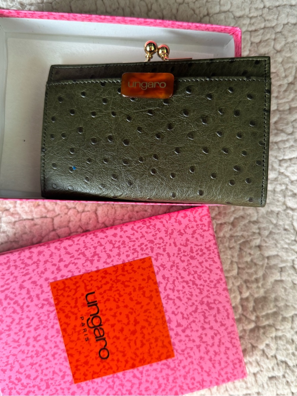 Ungaro Fever Olive Green Textured Leather Wallet with Tortoiseshell Logo